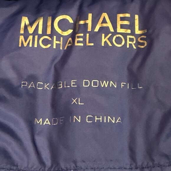 Michael Kors Woman Packable Down Over Coat XL Blue Quilted Puffy Hooded Light - Picture 4 of 9